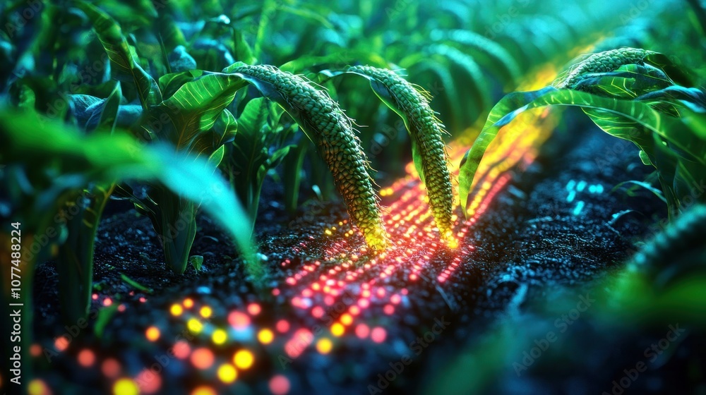 Poster a field of corn with a glowing line of light running through it.