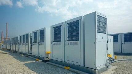 Rows of large industrial air conditioning units in an outdoor setting.