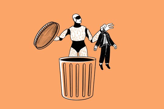 Robot throwing in trash bin a man