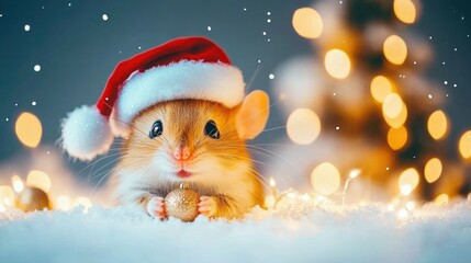 Festive mouse in santa hat with golden ornament and bokeh christmas lights