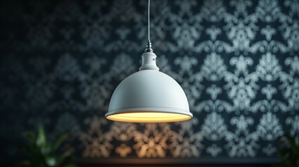 Obraz premium A white pendant light with a warm glow hangs from a patterned ceiling.