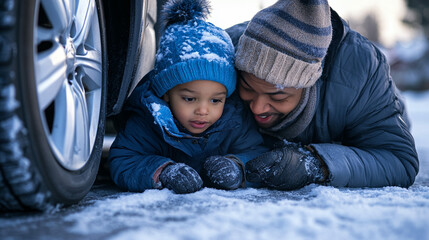 Happy Father and Son Playing in Winter Snow  Close up