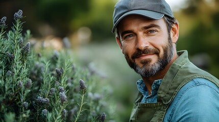 A smiling man in a cap stands beside lavender plants, showcasing a connection to nature.