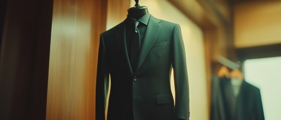 A sharp black suit is displayed on a mannequin, highlighting the crisp elegance and sophisticated style befitting any formal occasion.