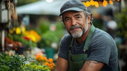 A smiling man in an apron poses in a vibrant flower market surrounded by plants.