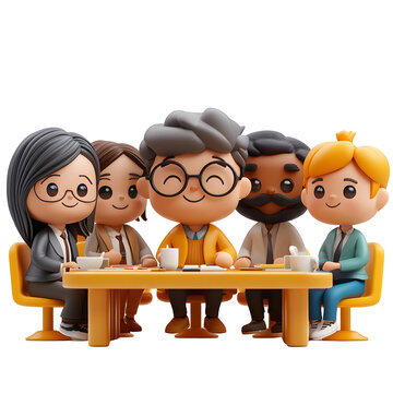 A whimsical 3D cartoon depiction of a team of diverse professionals in a meeting, isolated on a white background and engaging in a discussion.