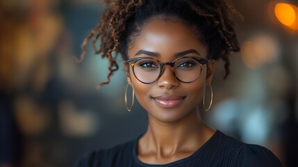 A smiling woman with glasses and natural hair, exuding confidence and warmth.