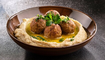 hummus topped with meat balls parsley and olive oil in a bowl