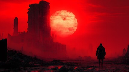 A solitary figure walks through a desolate landscape under a massive red sun.