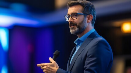 Business Man Wearing a Blue Suit and Holding a Microphone is Speaking at a Business Conference, Copy Space, AI