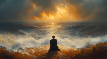 A solitary figure gazes at a dramatic sunset over the ocean, evoking contemplation and peace.
