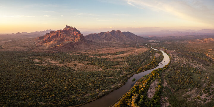 Sunset on Red Mountain and Salt River in Arizona