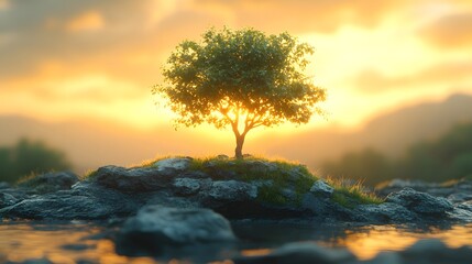 A solitary tree on a rocky island at sunset, surrounded by water and soft lighting.