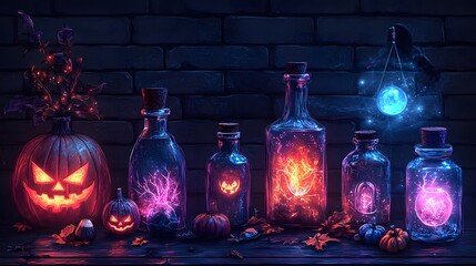 A spooky Halloween display featuring glowing potion bottles, a carved pumpkin, and autumn leaves.
