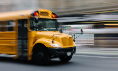 Yellow school bus in motion on a busy street in New York City