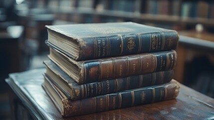 A stack of antique books resting on a wooden surface in a library setting.