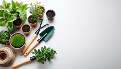 flat lay gardening tools and green plants on white background with copy space