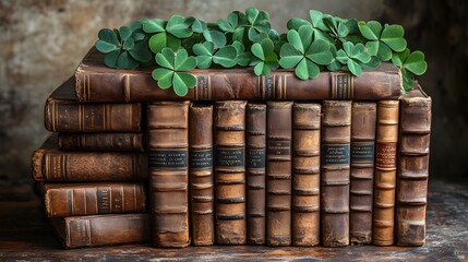 A Stack of Old Books with Shamrocks