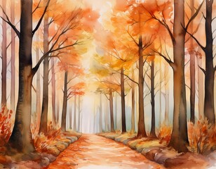 watercolor painting of a forest path with tall trees on both sides the path is lined with fallen leaves and the trees are painted in shades of brown and orange