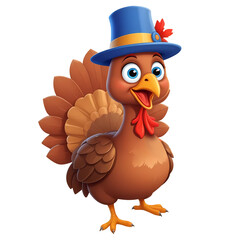 3d cartoon turkey wearing a blue hat isolated on transparent background, PNG file add