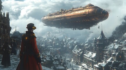 A steampunk cityscape with an airship hovering over a snowy landscape.