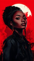 A striking portrait of a confident woman against a bold red background.