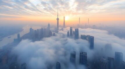 A stunning aerial view of a city skyline emerging from fog at sunrise.
