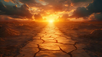 A stunning sunset over a cracked landscape, evoking a sense of desolation and beauty.
