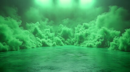 A surreal landscape featuring green clouds over a reflective surface.
