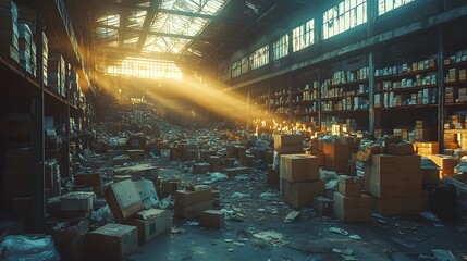 A sunlit, cluttered warehouse filled with boxes and debris, evoking a sense of abandonment.