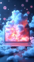 A surreal laptop surrounded by colorful clouds, symbolizing digital creativity and innovation.