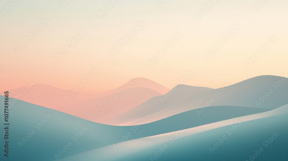 Poster soft gradients and abstract shapes form a tranquil landscape at dawn, depicting gentle hills against