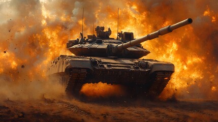 A tank advances through an explosion, showcasing military power and conflict.