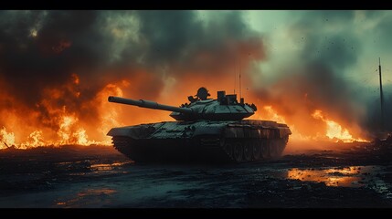 A tank amidst a fiery landscape, evoking themes of war and destruction.