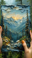 A textured painting of mountains and trees, evoking nature's beauty and tranquility.