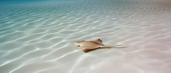 A lone stingray glides gracefully across the sunlit, shallow waters of a clear, turquoise lagoon.