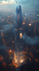 A towering skyscraper illuminated by city lights, surrounded by clouds at dusk.
