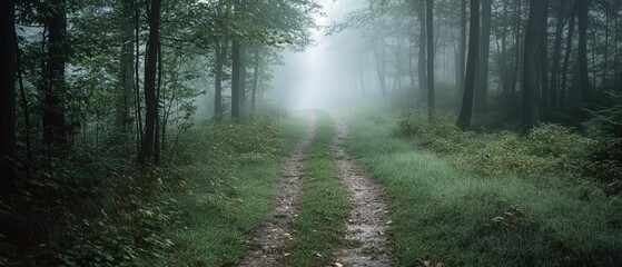 Obraz premium A misty forest path disappears into the fog, lined with lush greenery and towering trees, evoking mystery and tranquility in nature's embrace.
