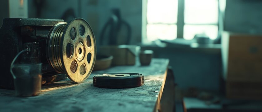Dimly lit room with a vintage film projector, reels casting shadows on a dusty table, suggesting nostalgia and cinematic history.