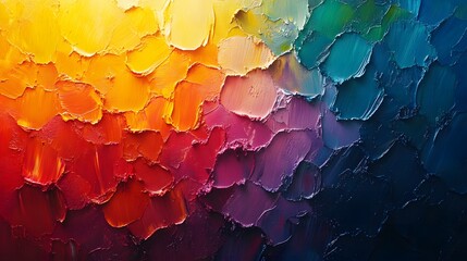 A vibrant abstract painting with textured brushstrokes in a spectrum of colors.