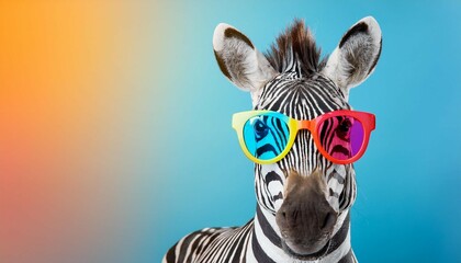 a cute zebra with colorful glasses on a pastel background