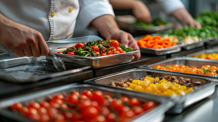 Chef serves vibrant dishes at a buffet with a colorful selection of vegetables and meats