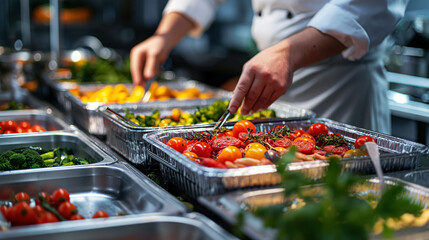 Chef serves vibrant dishes at a buffet with colorful vegetables and meats in soft lighting
