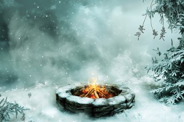 Cozy winter scene with fire pit surrounded by snowy trees