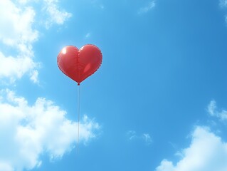 Red heart-shaped balloon floating in a clear blue sky