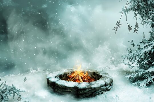 Cozy winter scene with fire pit surrounded by snowy trees