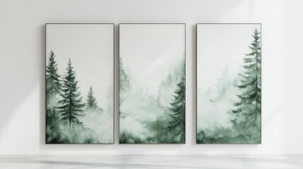 Three-panel artwork depicting misty forest scenery.