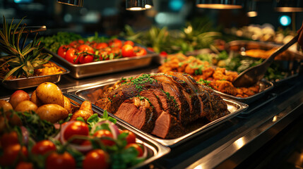 Elegant gourmet buffet of international dishes, including roasted meats and fresh salads