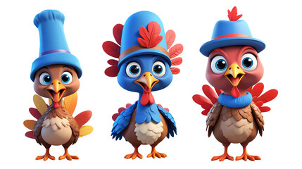 Obraz premium 3d rendering colorful turkey cartoon characters wearing a blue hat isolated on transparent background, PNG file add