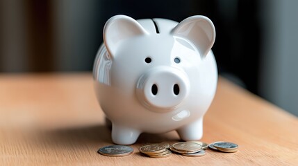 White ceramic piggy bank surrounded by scattered coins on a wooden surface, symbolizing savings and budgeting.